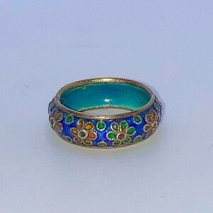 Vtg Blue Cloisonne Enamel Floral Design Ring Sz 4.75